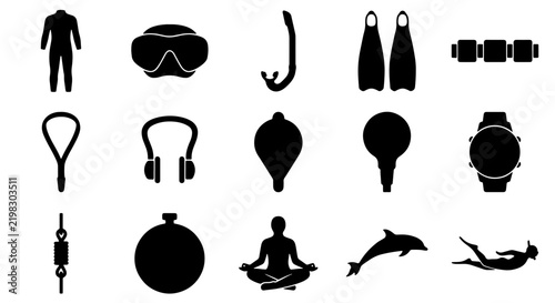 Scuba Diving Gear Icons Set: Snorkel, Mask, Fins, Wetsuit, Stopwatch, Dolphin, Diver, Yoga Pose