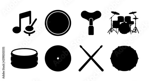 Music Icons Set: Drum Kit, Cymbals, Drumsticks, Musical Note, Sound Elements