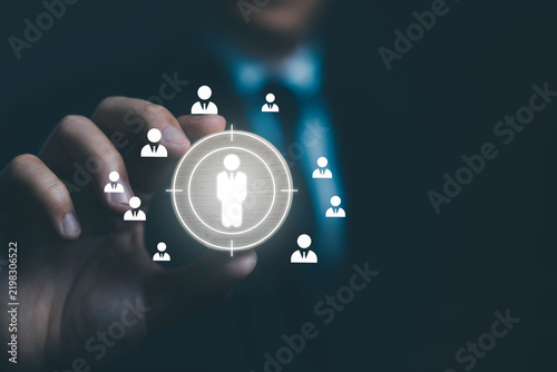 HR manager selecting a qualified candidate from a digital talent network, representing recruitment, hiring, employee selection, talent acquisition, and human resources management.