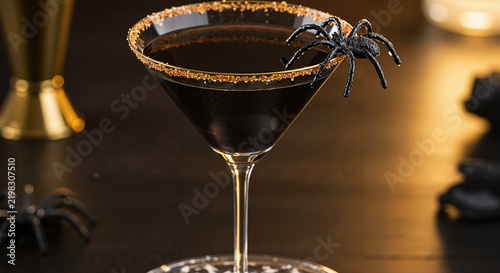 Black cocktail with spider decoration on a wooden table  