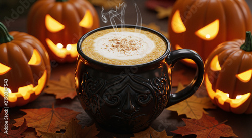 Hot coffee in a decorative mug with Halloween pumpkins and leaves  