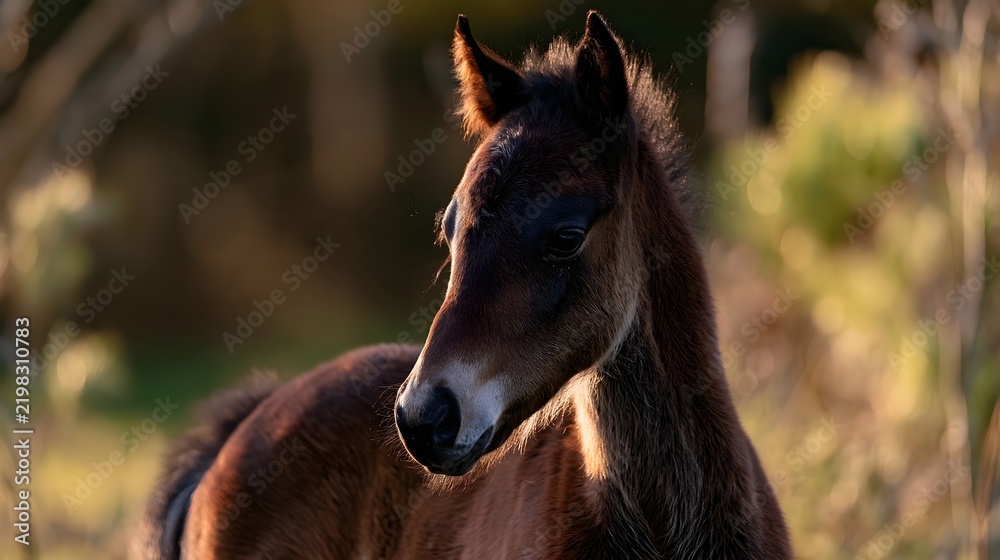 Obraz premium A young brown foal stands in soft sunlight with a blurred natural background its head turned slightly to the side