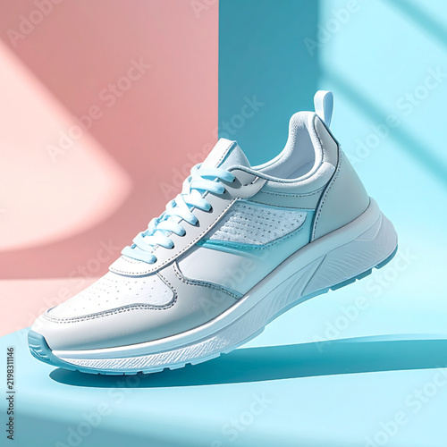 Modern white and light blue athletic running shoe floating on pastel pink and blue background for sports marketing