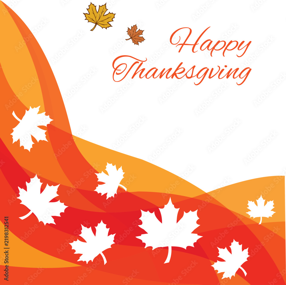 Fototapeta premium Happy thanksgiving greeting card design with colorful autumn maple leaves and abstract wavy background