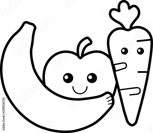 Cute Kawaii Fruits and Vegetables Line Art Vector, Simple Apple Banana Carrot Coloring Page for Kids and Toddlers
