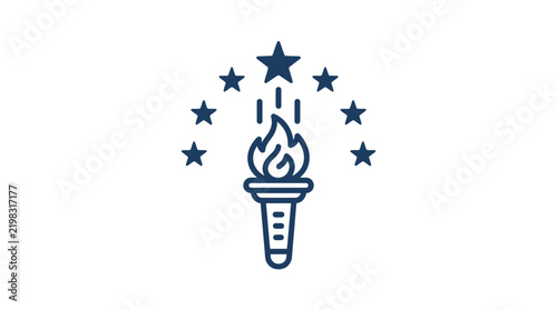 Minimalist blue icon featuring a burning torch surrounded by a semi-circle of stars.