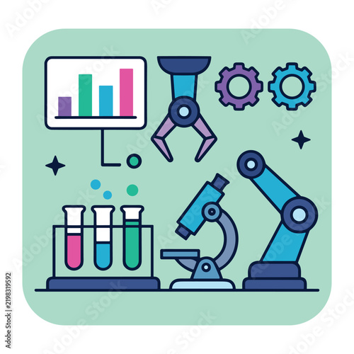 Biotech Lab Automation with Robotic Arm Microscope and Data Chart