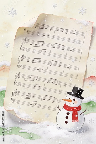 Photorealistic Christmas Music Sheet with Snowman