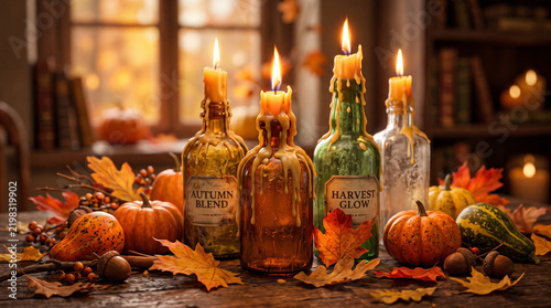Atmospheric close-up of burning beeswax candles melting over vintage glass bottles surrounded by autumn leaves and mini gourds