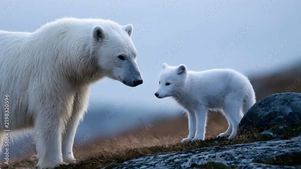 Fototapeta premium A large polar bear and a small white fox stand close together in a natural arctic landscape with soft lighting
