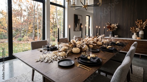 Thanksgiving dinner table setting with autumn floral centerpiece, candles, and pumpkins in modern dining room