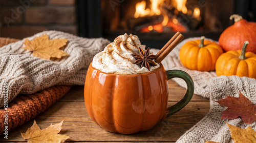 Gourmet pumpkin spice latte served in a ceramic pumpkin mug, topped with whipped cream, cinnamon dusting,