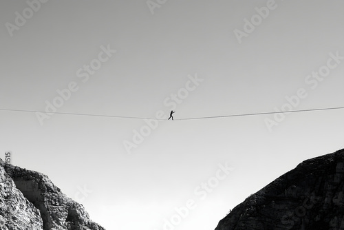 Silhouette of a person high-lining between two high cliffs against a clear sky, emphasizing balance and danger. A stark black and white image of an extreme sport.