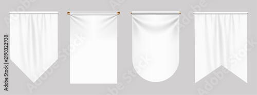 Set of blank white fabric banners or flags with different shapes hanging on rods, realistic vector illustration for branding and design templates