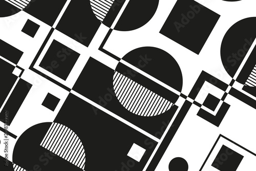 Abstract geometric monochrome pattern with symmetrical squares, circles, and diagonal lines in black and white style.