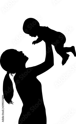 Vector Silhouette of Mother Lifting Baby High with Love, Motherhood, Care, and Family Happiness Concept Art
