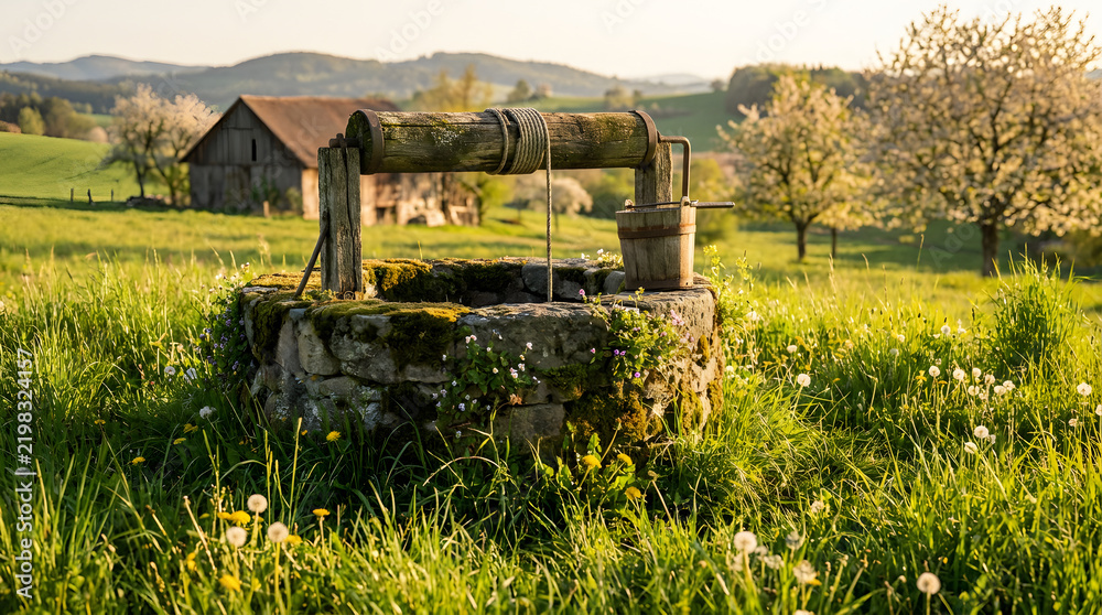 Obraz premium An old stone water well with a wooden winch in a sunny green meadow