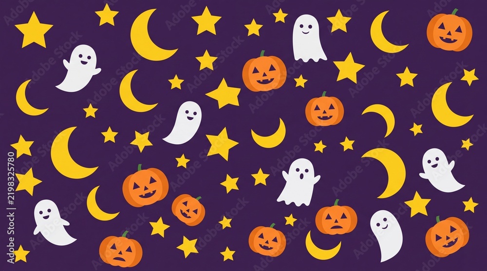 Obraz premium Halloween pattern with cute ghosts carved pumpkins and golden stars on purple background.