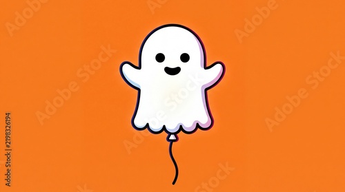 Cute cartoon ghost shaped balloon with a happy face on a bright orange background for Halloween