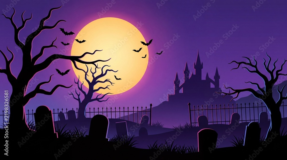 Fototapeta premium Graveyard silhouette against a giant glowing moon with a distant haunted castle and bats.