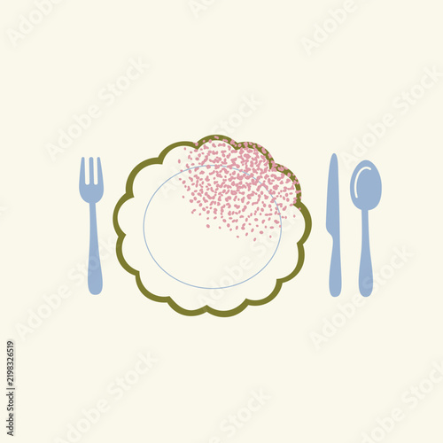 Table Setting With Scalloped Olive Green Plate, Blue Fork, Knife And Spoon, Pink Speckle Texture, Cream Background, Minimalist Dining Cutlery Place Setting, Flat Vector Illustration