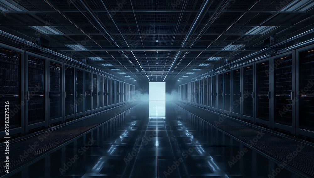 Obraz premium Generative AI depicts a futuristic data center corridor illuminated with blue lights