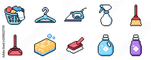 Cute Laundry and Cleaning Objects Set, Pixel Art Household Essentials Collection