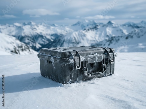 Black hard protective gear case resting on snowy ground with mountains in the background during winter. waterproof case solutions