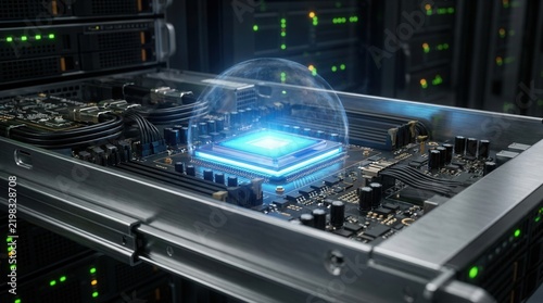Obraz na płótnie Supercomputer hardware and data infrastructure showing a server processor chip with a glowing microchip inside a datacenter rack tray.