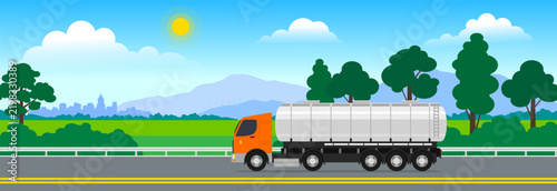 oil fuel tank truck moving on the road highway landscape vector illustration