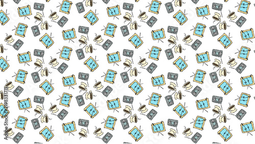 Seamless pattern of retro television sets vintage radio and hot coffee cups hand drawn doodle illustration