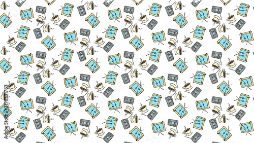 Seamless pattern of retro television sets vintage radio and hot coffee cups hand drawn doodle illustration