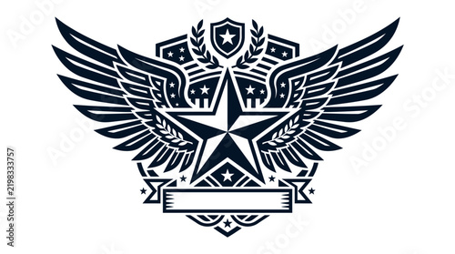 Winged star emblem with decorative shield and banner.