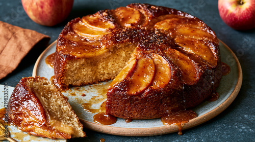 Caramel apple upside-down cake with glazed apple slices on a plate, rustic homemade dessert
