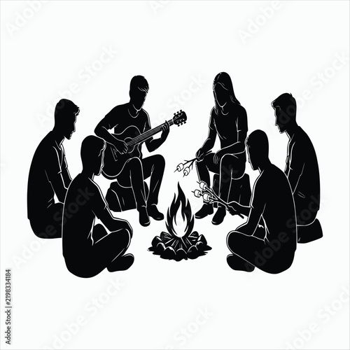 Silhouettes of people around a campfire at night group