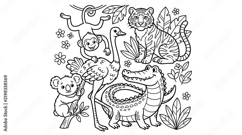 Obraz premium Cute cartoon animals including tiger, monkey, ostrich, crocodile, and koala in a playful jungle scene with leaves and flowers