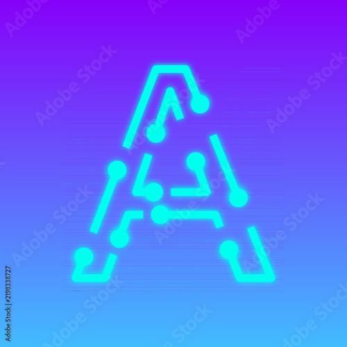 Glowing neon cyan letter A circuit board tech monogram vector icon on purple blue gradient background. Cyber digital network, AI technology, initial logo element template for web app.