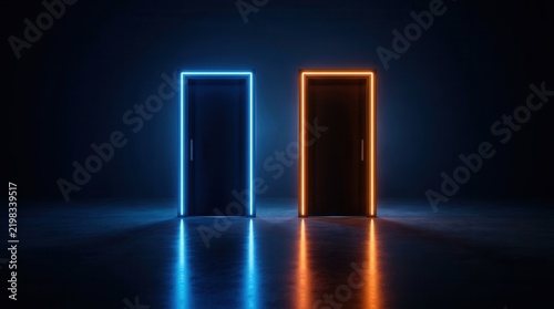 Two doors leading to different paths featuring vibrant blue and orange neon lights