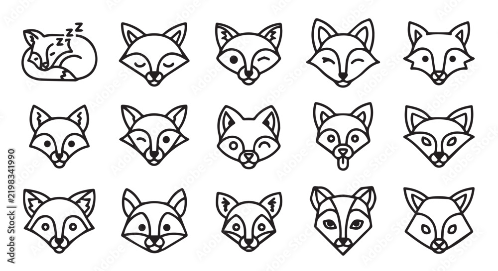 Fototapeta premium Cute fox faces with different expressions in a simple line art style on a white background
