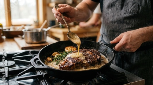 Melted butter being used by a chef to baste a juicy ribeye steak in a cast iron skillet.