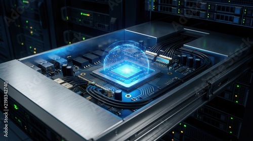 Obraz na płótnie AI cloud computing server processor chip and glowing microchip integrated into a datacenter rack tray with professional cable connections.