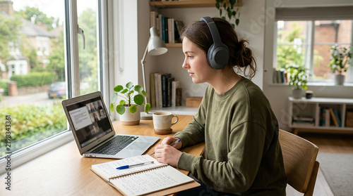 A young woman wearing headphones participates in an online video call at a home desk with window while attending conference her laptop woman sits wooden