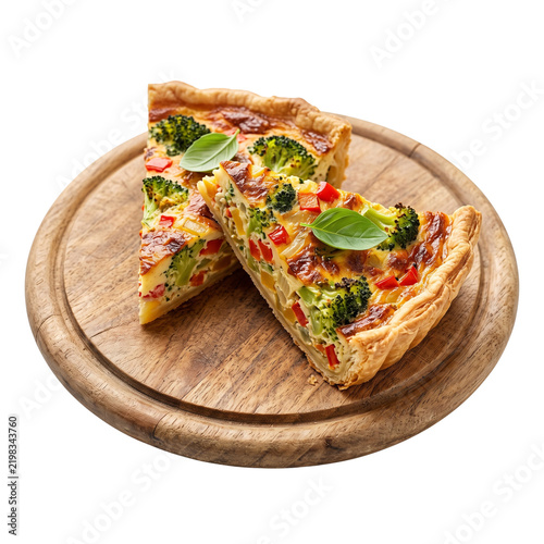 Savory Vegetable Quiche Slices with Broccoli and Peppers on Wooden Board