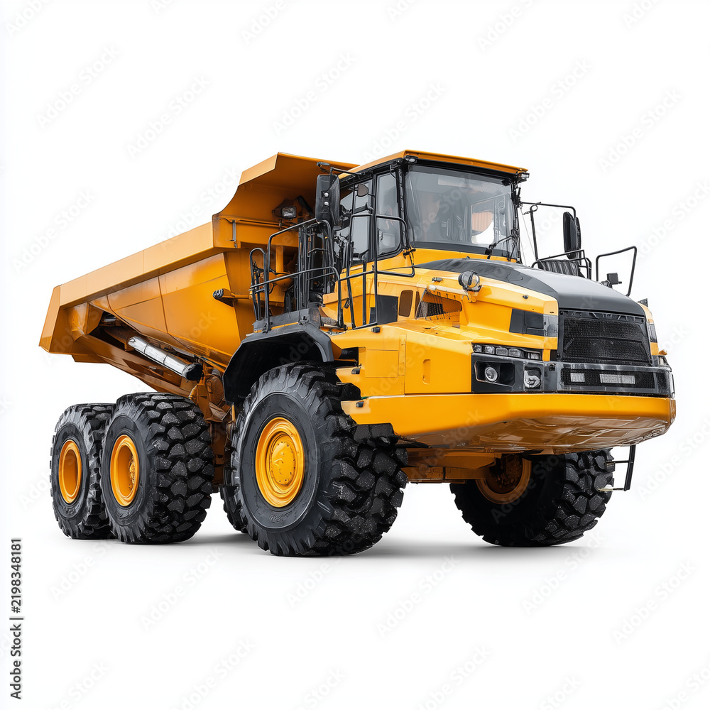 Fototapeta premium Yellow heavy wheel loader construction machine parked on white floor