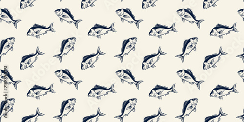 Vintage seafood blue vintage fish seamless pattern hand drawn vector illustration nautical marine background for textile design
