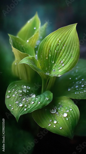 dewdrop covered green hosta leaves closeup