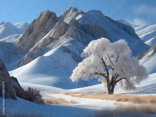 Winter mountain landscape with lone tree