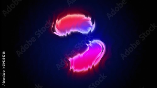 Glowing pink, purple and blue light shapes rotate around a flowing wavy background, creating a futuristic abstract motion graphics animation with dark space and copy space.