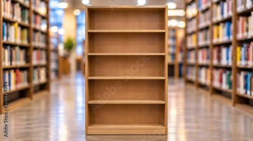 Empty wooden bookshelf in library, with bookshelves in the background.