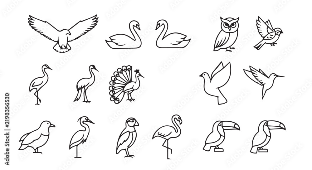 Obraz premium Collection of stylized bird icons in a clean line art design representing avian diversity for branding